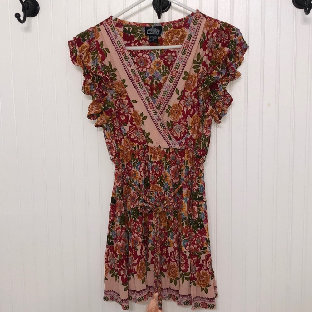 ANGIE Jr FLORAL BOHO Summer Wrap V-neck DRESS Ruffles Cap Slv EUC
